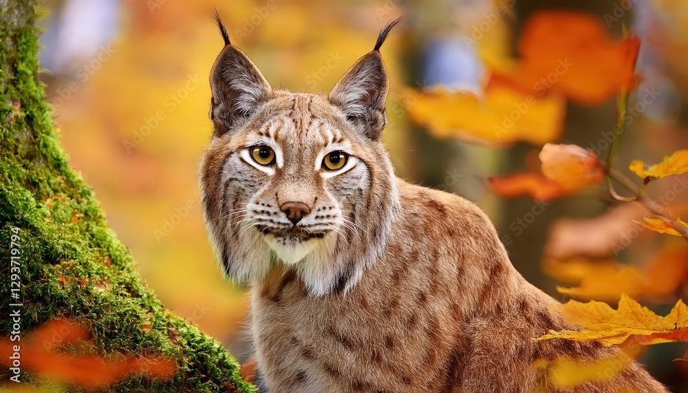 Obraz premium Autumn Glow Ignites an Enchanting Gaze of a Cute Eurasian Lynx Among Ablaze Oak Leaves, Frosty Morn in the Orangewood Forest, Embracing Natures Majesty and Serenity