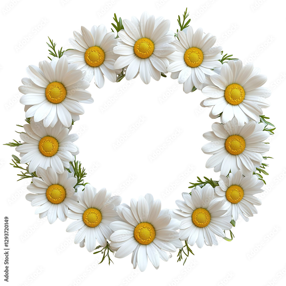 Top view of a perfectly beautiful hyperrealistic single daisy garland isolated on a white transparent background Top view of a perfectly beautiful hyperrealistic single daisy garland isolated on a white transparent background