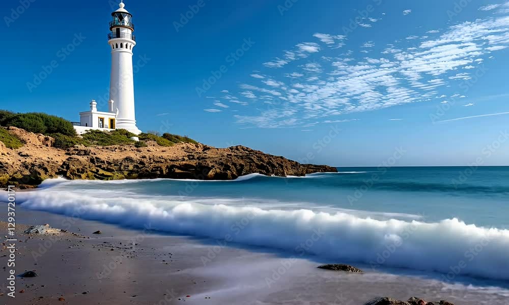 the beauty of the crashing waves on the beach under the lighthouse the beauty of the crashing waves on the beach under the lighthouse