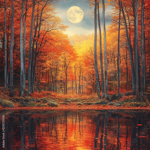 Autumn forest lake moonlit night scene