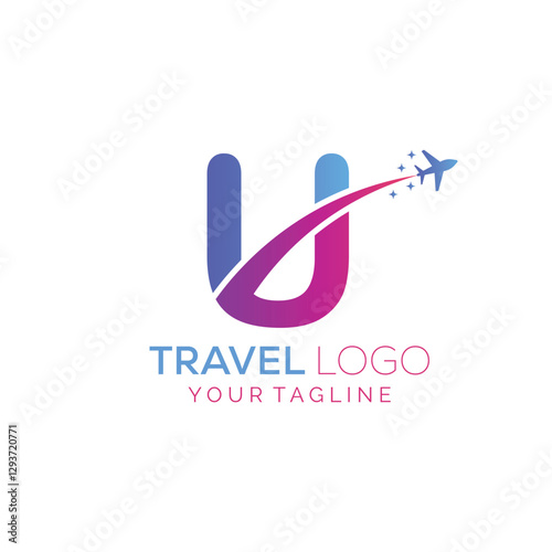 Letter U Travel Logo Design with plane. Icon of U for travel agency logo design.