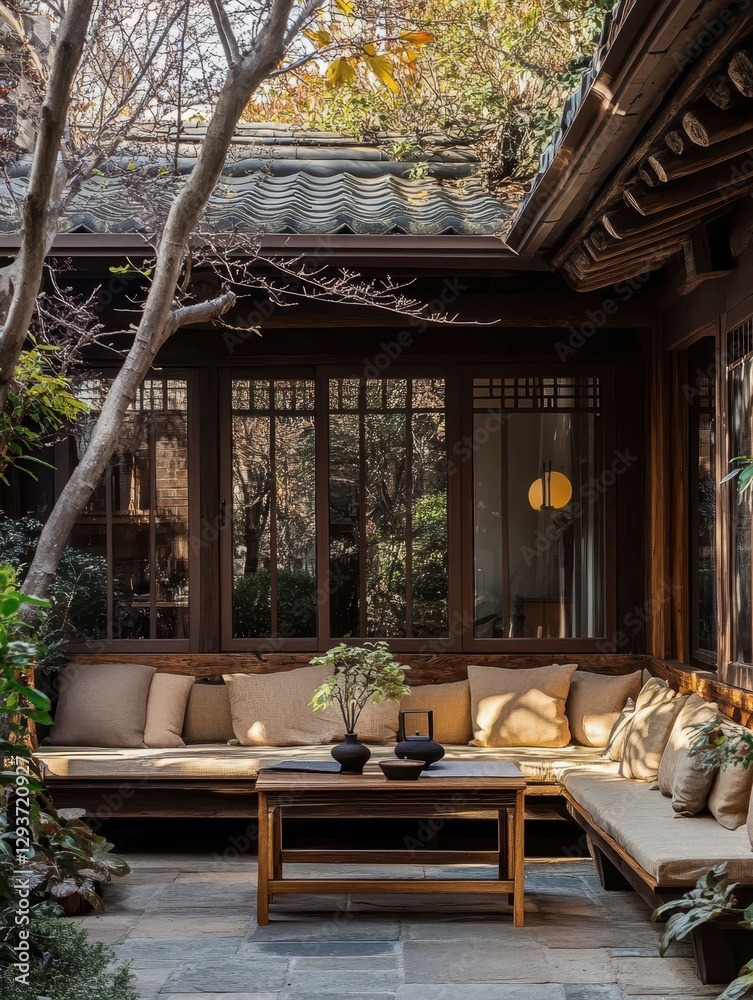 Fototapeta premium An outdoor courtyard features a seating area and a low table