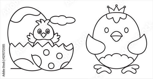 Chick hatching from an egg with a crowned chick beside it, both outlined for coloring.