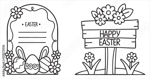 Easter-themed coloring page with decorative eggs, flowers, and signs for festive greetings.
