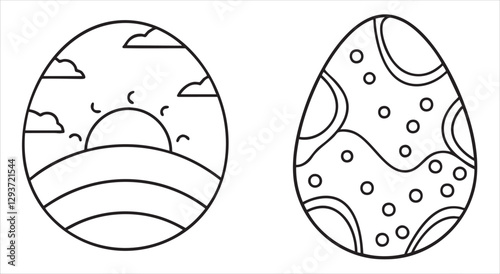 Colorful Easter eggs with playful patterns and a sunrise scene, perfect for holiday decorations.
