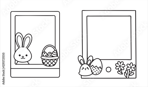 Easter-themed illustrations featuring a bunny, basket, and decorative elements.