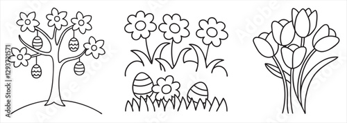 Spring-themed line art featuring a tree, flowers, and tulips with Easter eggs.