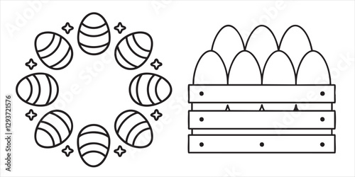 Easter eggs in a circular design next to a wooden crate filled with eggs.