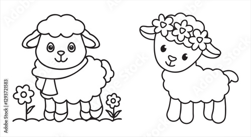 Two cute cartoon sheep, one with a scarf and one with a floral crown, surrounded by flowers.