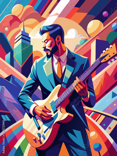 A vibrant, abstract illustration of a musician playing a guitar