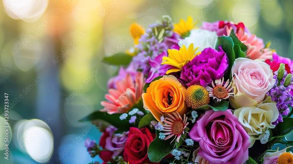 Obraz premium Vibrant Birthday Bouquet with Fresh Flowers, Joyful Floral Arrangement for Celebrations, Party Decorations, Festive Greeting Card Background