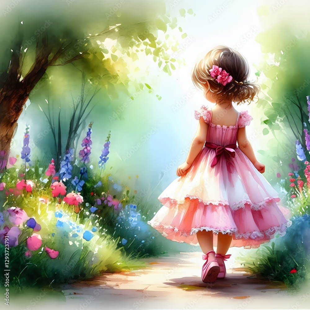 Fototapeta premium A little girl in a pink dress walking in the garden.