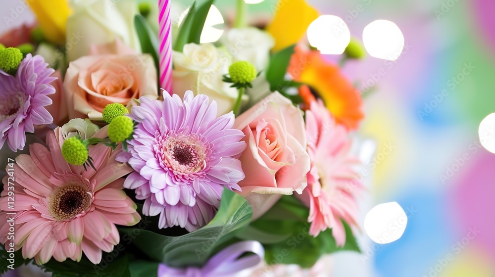 Fototapeta premium Vibrant Birthday Bouquet with Fresh Flowers, Joyful Floral Arrangement for Celebrations, Party Decorations, Festive Greeting Card Background