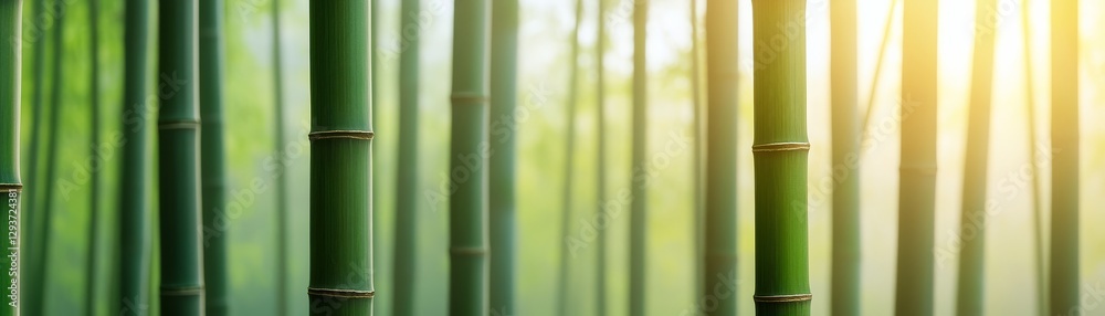 Morning mist rolling through a sunlit bamboo forest, tranquil and serene. Morning mist rolling through a sunlit bamboo forest, tranquil and serene.