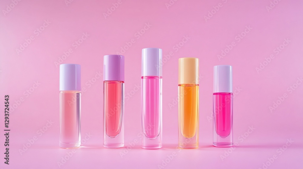 Five colorful glass bottles with pastel liquids on pink background. Five colorful glass bottles with pastel liquids on pink background.