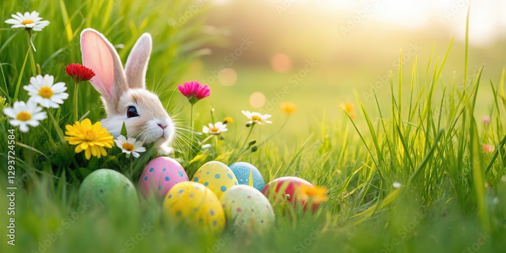 Fototapeta premium A cute bunny surrounded by colorful eggs and flowers in a sunny, vibrant garden setting.