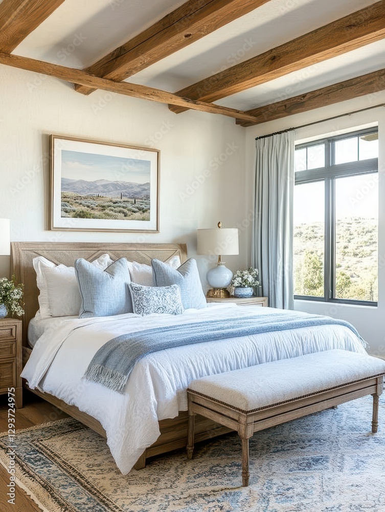 The bedroom showcases a serene interior with rustic wooden beams The bedroom showcases a serene interior with rustic wooden beams