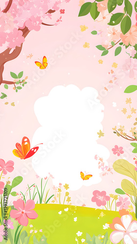 Cute cartoon vector-style landscape background with butterflies and flowers, a pink color scheme
