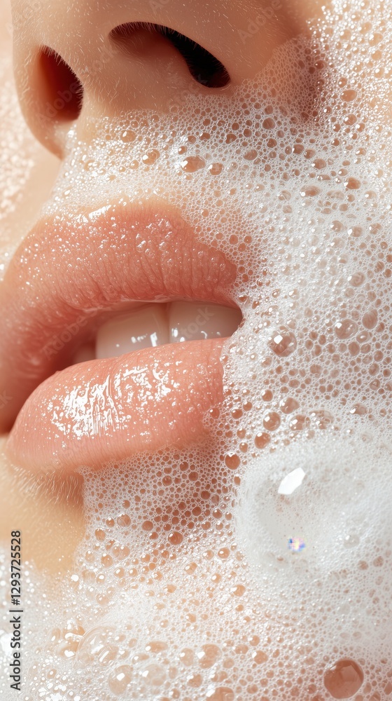 Fototapeta premium European Woman with Foam Bubbles - Skincare Aesthetic Portrait