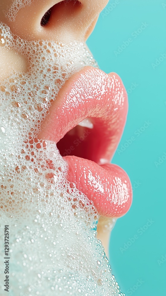 Fototapeta premium Foamy Lips: Close-Up Beauty Macro with European Model