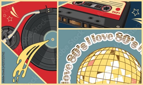 Multicolored collage with vinyl player, audio cassette and disco ball. Vector illustration