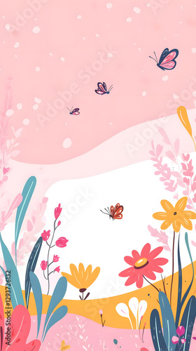 Cute cartoon vector-style landscape background with butterflies and flowers, a pink color scheme
