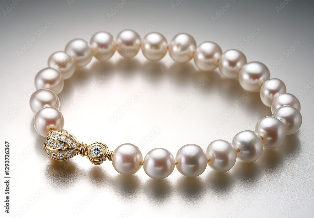 The delicate white pearl necklace is displayed on the table, with a golden clasp and small diamonds embedded in it. The delicate white pearl necklace is displayed on the table, with a golden clasp and small diamonds embedded in it.