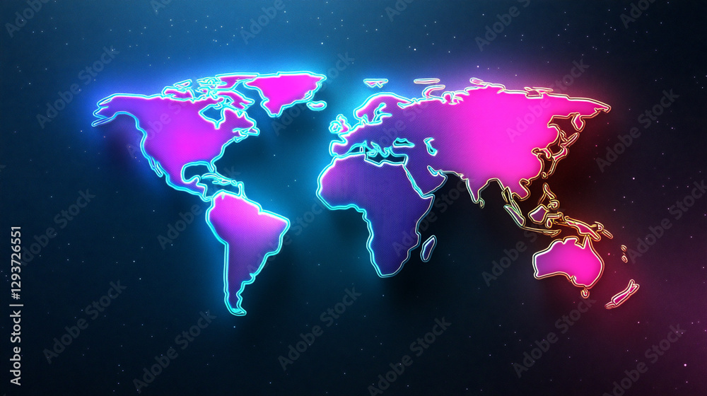 Fototapeta premium Map Designed With Glowing Neon Lights Highlighting Continents and Oceans at Night