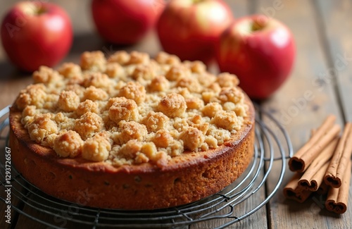 Sweet apple crumble cake, baked with cinnamon sticks. Delicious homemade dessert on wooden table. Fruit pie with crispy crust. Culinary photography, tasty snack, bakery concept. Close-up of cake on