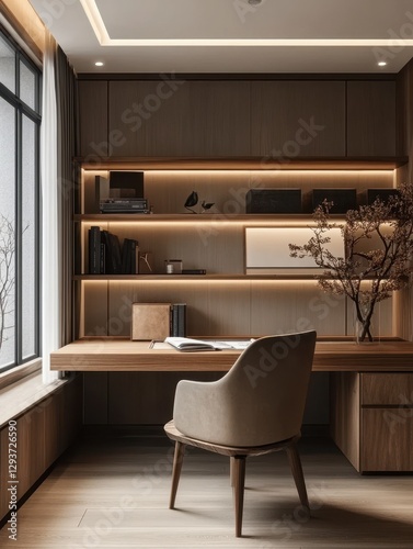 This sophisticated wooden desk features a chair and surrounding decor