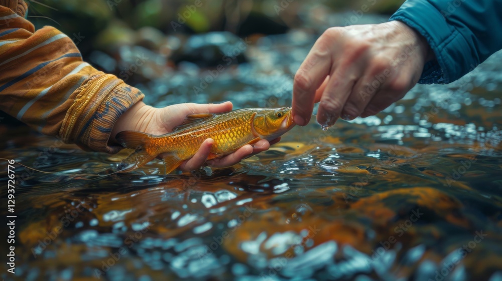 Fototapeta premium Two hands gently hold a brightly colored trout above a clear stream, showcasing the joy of catch and release fishing in a peaceful outdoor environment.