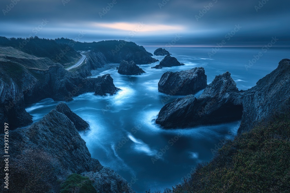 Obraz premium Serene Coastal Landscape with Rocky Outcrops at Dusk