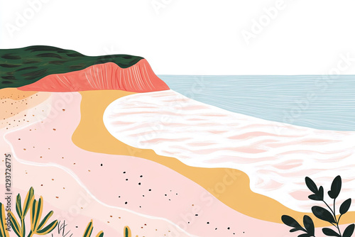 Vector illustration of a beach in Sardinia, Italy, with white sand, turquoise water, and gentle waves, simple, hand painted