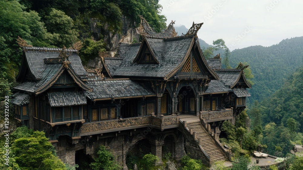 Mountaintop Asian temple, lush forest backdrop, travel tourism brochure Mountaintop Asian temple, lush forest backdrop, travel tourism brochure