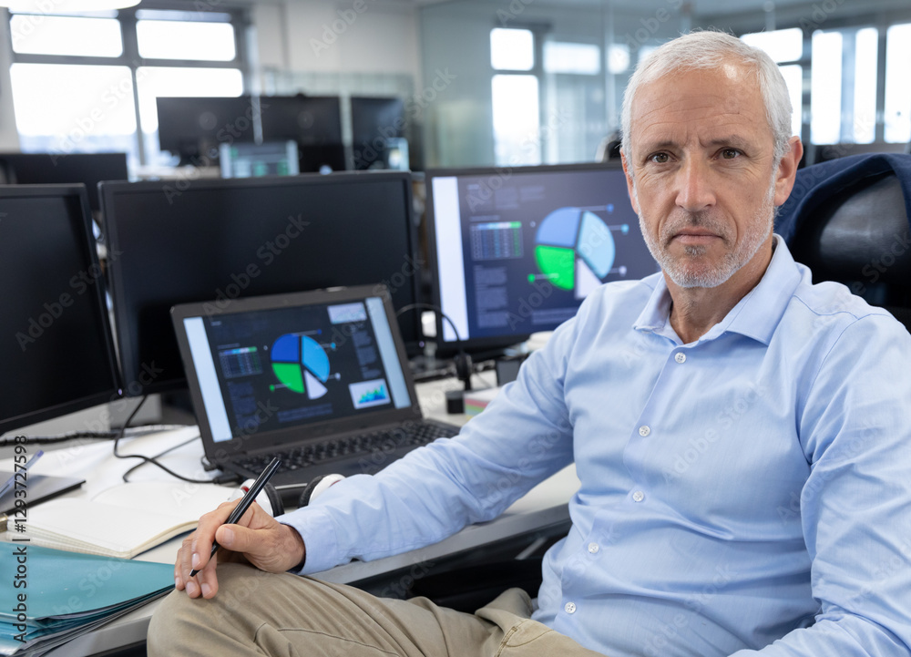 Confident businessman analyzing data on laptop in modern office environment Confident businessman analyzing data on laptop in modern office environment