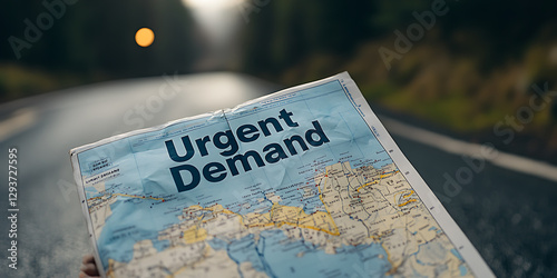 A map displaying “Urgent Demand” lying in the center of the road with a dark blurred background.