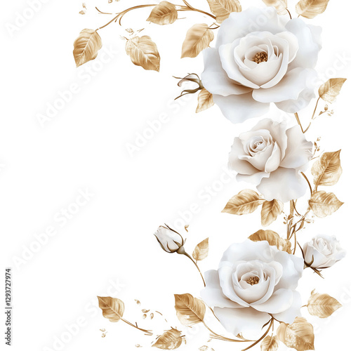 Elegant Wedding Floral Frame with White Roses & Gold Leaf, Premium Design,
