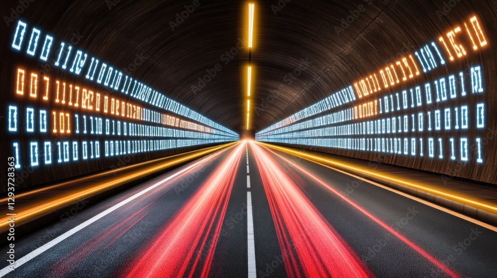 Obraz premium Data highway tunnel, binary code walls, speeding cars, digital future