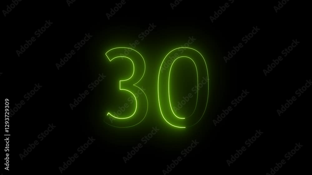 Abstract glowing neon text 30 number countdown icon. Educational mathematics 30 animation on black background. Abstract glowing neon text 30 number countdown icon. Educational mathematics 30 animation on black background.