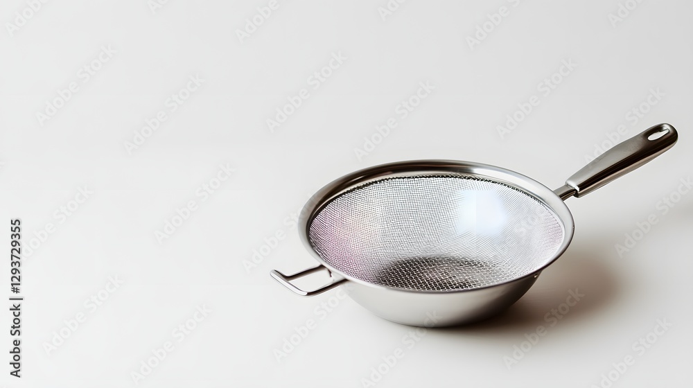 Stainless steel strainer with handle on a plain background Stainless steel strainer with handle on a plain background