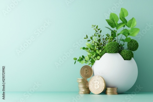 A green plant arrangement in a white pot sits next to stacks of coins, symbolizing the growth of wealth and sustainability.