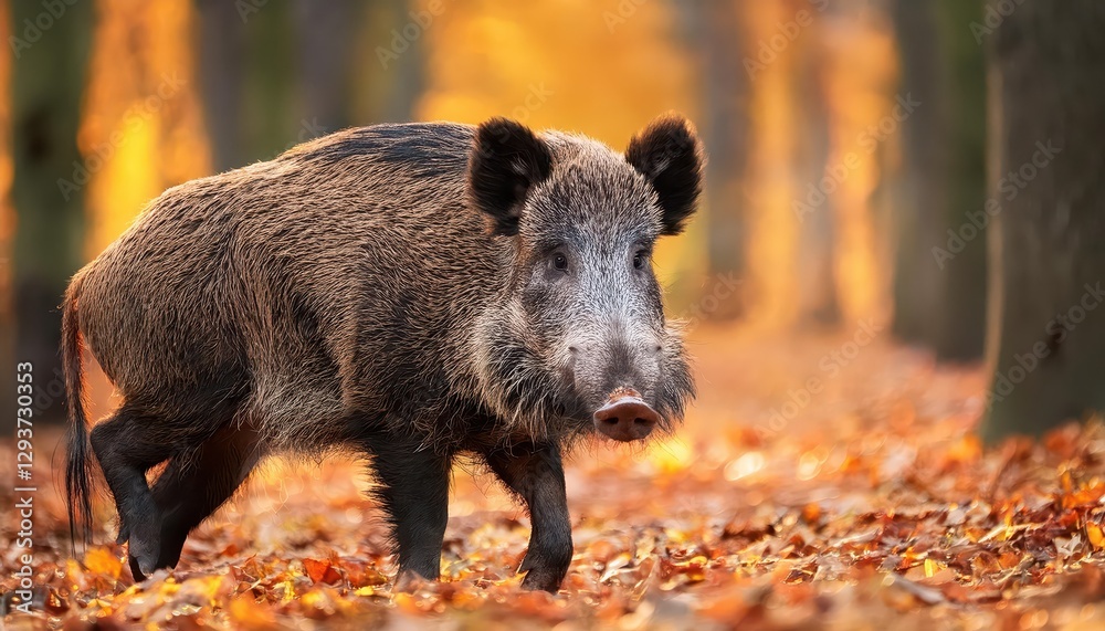 Majestic Male Wild Boar in Autumn Vibrant Forest Scene with Golden Leaves and Crisp Air, Capturing the Power and Mystique of Natures Majesty. Majestic Male Wild Boar in Autumn Vibrant Forest Scene with Golden Leaves and Crisp Air, Capturing the Power and Mystique of Natures Majesty.