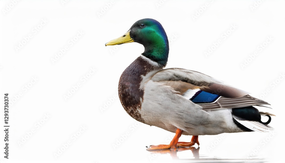 Striking Portrait of a Majestic Mallard Duck Against a Pristine White Backdrop, Capturing the Grace and Vigor of Natures Feathered Marvel. Striking Portrait of a Majestic Mallard Duck Against a Pristine White Backdrop, Capturing the Grace and Vigor of Natures Feathered Marvel.