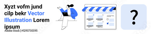 Young professional presenting data on laptop while sitting next to a website mockup and large question mark. Ideal for business presentations, online stores, e-commerce, startup pitches, analysis