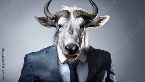 Unconventional Office Attire Wildebeest Strikes a Suave Pose in the Modern Cityscape, Embracing Unexpected Humor and Natural Grandeur photo