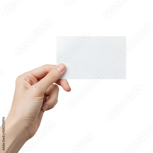 A hand holding a blank white card against a black background, ideal for customization or design use.