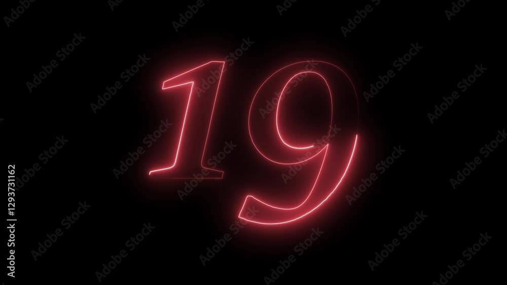 Abstract glowing neon text 19 number countdown icon. Educational mathematics 19 animation on black background. Abstract glowing neon text 19 number countdown icon. Educational mathematics 19 animation on black background.