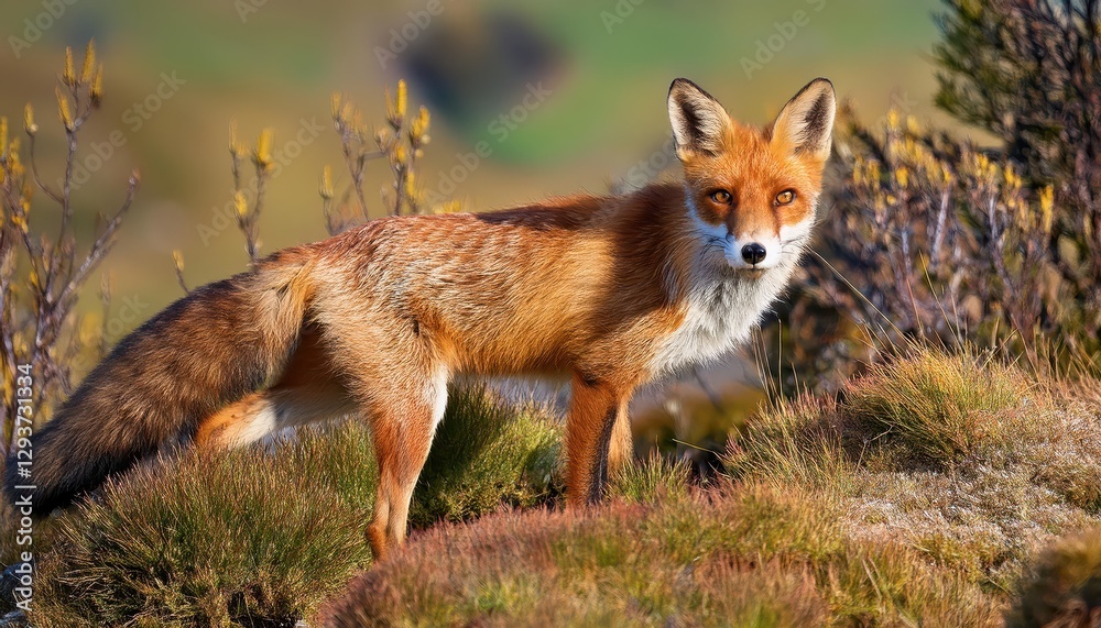 Fototapeta premium Vibrant European Red Fox Amidst a Wintery Forest Backdrop, Showcasing the Agile and Elusive Mammal in a Frosty Wonderland, Capturing the Essence of Mystery and Tranquility.