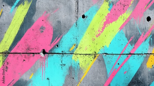 Graffiti art with pink, blue, and yellow strokes on concrete