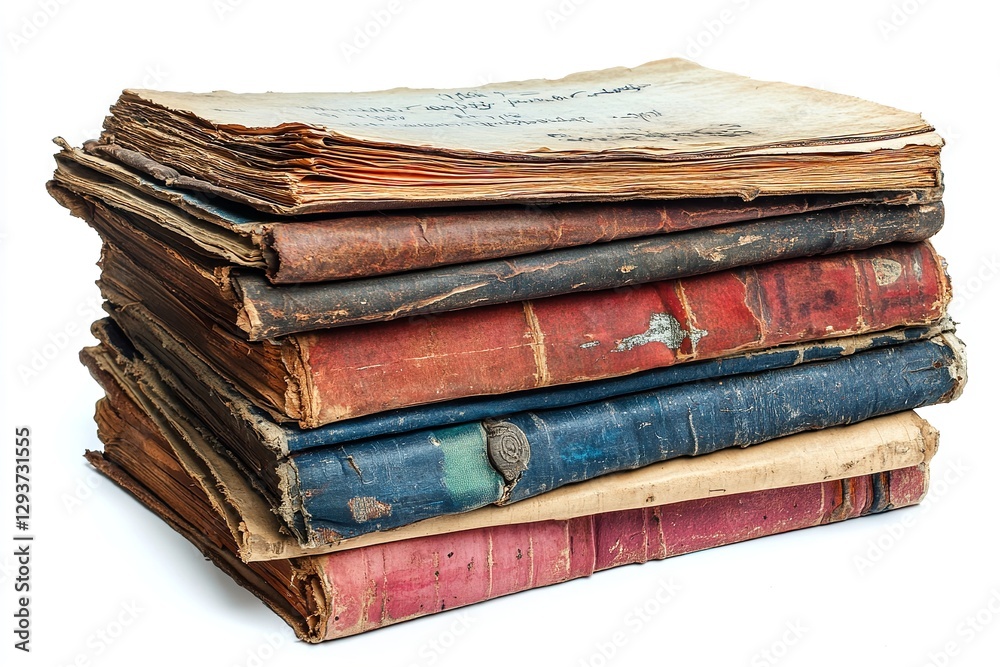 Stack of Old Worn-Out Books and Papers Isolated on White Background with Clipping Path Stack of Old Worn-Out Books and Papers Isolated on White Background with Clipping Path